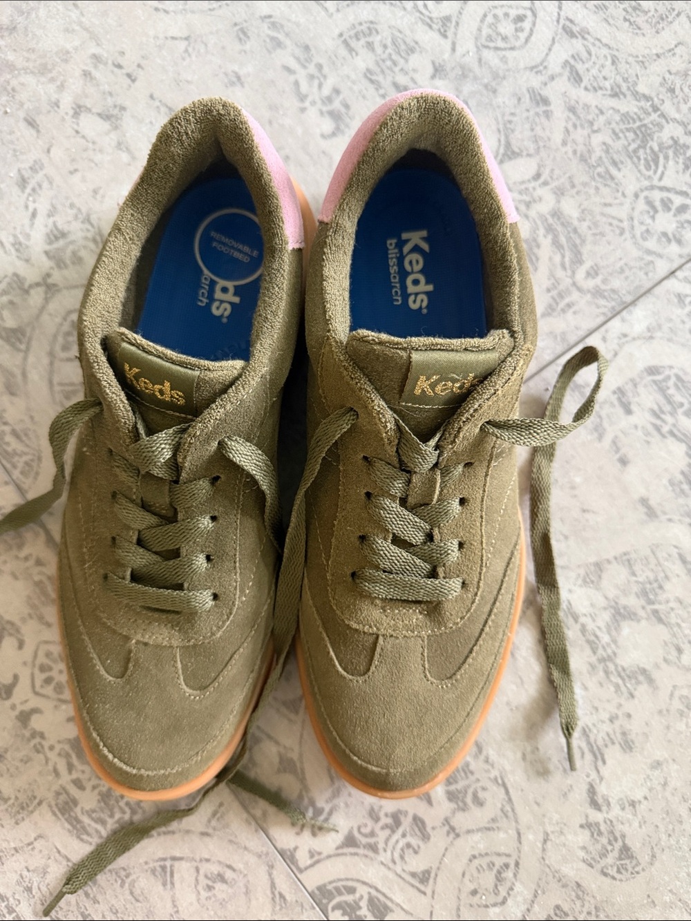 Keds Woman’s Olive Green Suede Sneakers with Pink Heel